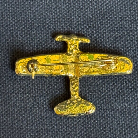 Gold-Tone Airplane Brooch Clear Rhinestones Vintage-Inspired Pin-Back Closure - Picture 4 of 8